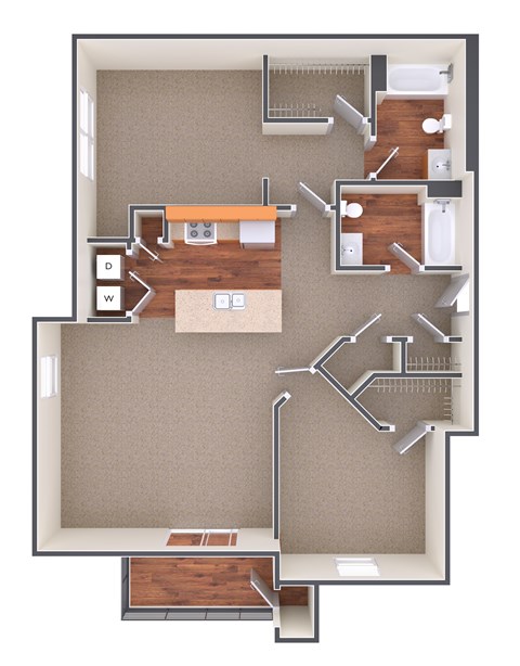 A floor plan of a house with a kitchen, living room, and bathrooms.